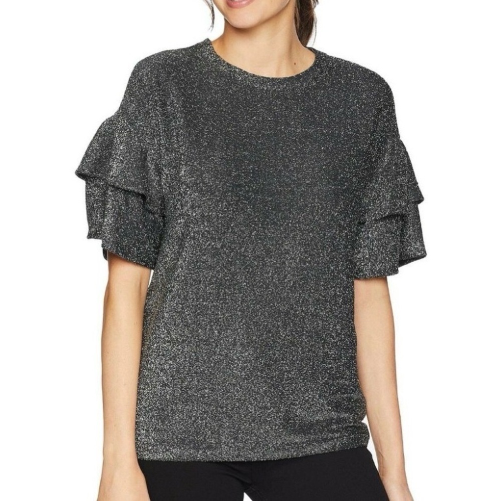 MICHAEL MICHAEL KORS BLACK SILVER SHIMMER DOUBLE RUFFLE SLEEVE SHIRT SZ MEDIUM